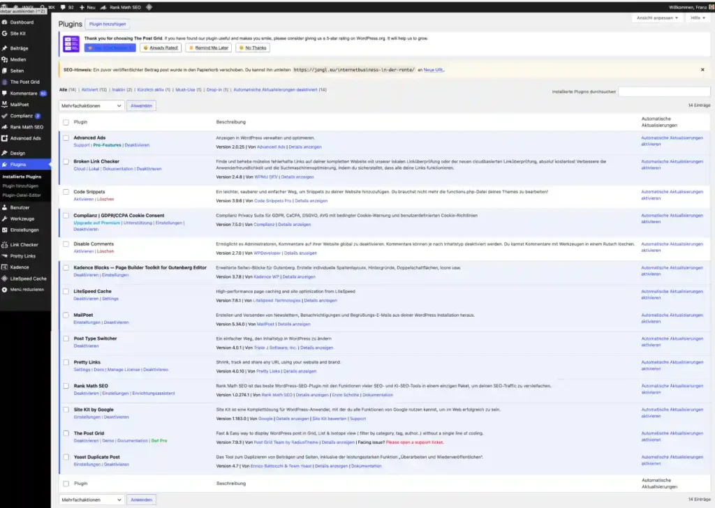 WordPress: Welche Plugins nutze ich wirklich? (Mein Setup) 3 Beste WordPress Plugins-mein dashboard