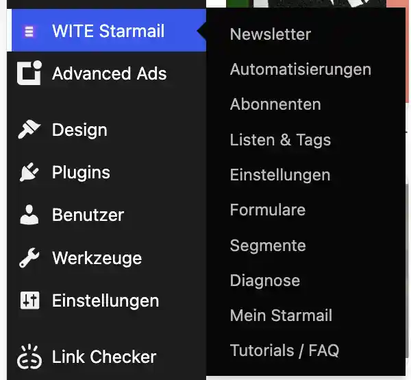 WITE Starmail Newsletter Plugin, ergänzt WordPress perfekt 7 Starmail Menuepunkte